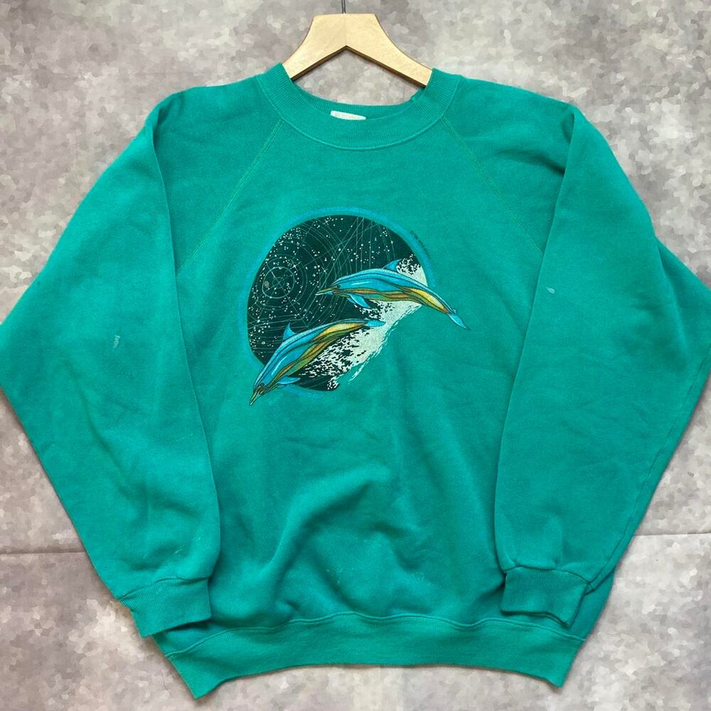 Vintage 80s Nature Dolphins Art Teal Hanes Crewneck Sweatshirt